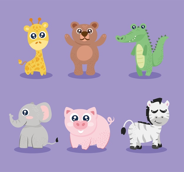 6つのかわいい動物のキャラクター