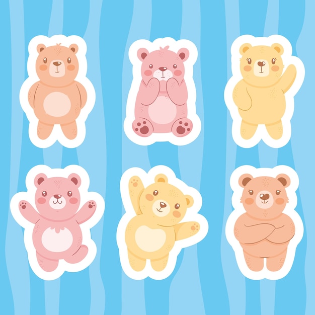 Free vector six cute bears group