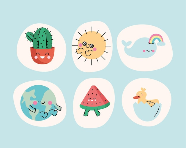 Free vector six cute kawaii characters