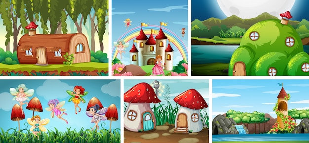 Free vector six different scene of fantasy world with fairies in fairy tale and fantasy places