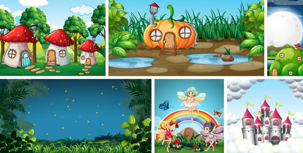 Six different scene of fantasy world with fantasy places and fantasy character such as fairies