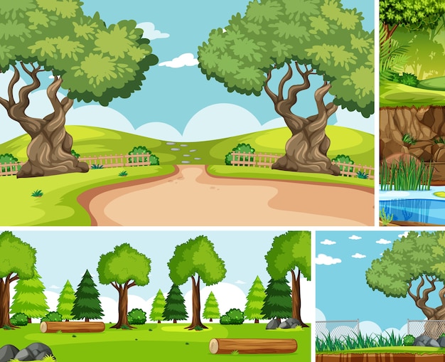 Free vector six different scenes in nature setting cartoon style