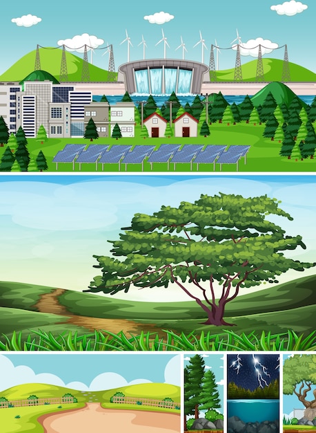 Six different scenes in nature setting cartoon style