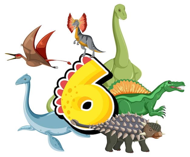 Free vector six dinosaurs with number six cartoon