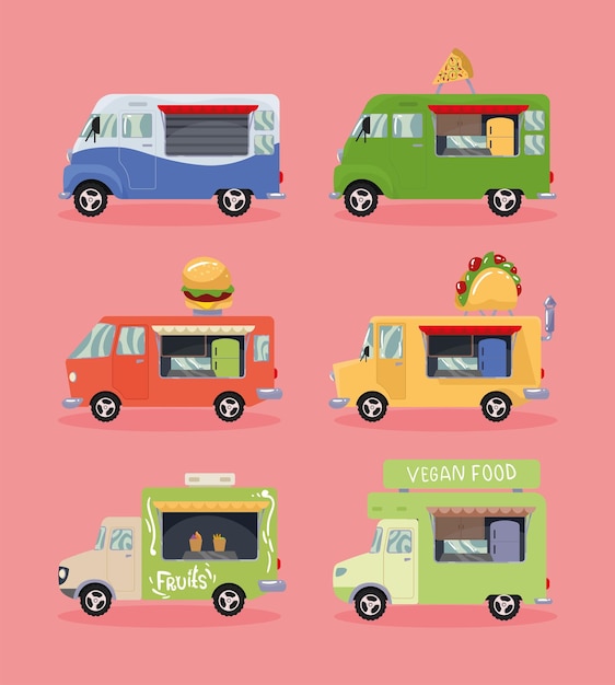 six food trucks set icons