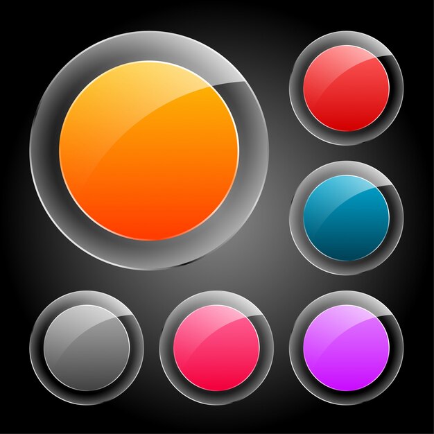 Шесть глянцевых стеклянных кнопок разных цветов