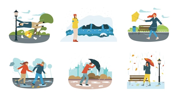 Free vector six isolated bad weather people flat composition set with different situations happen to people because of the strong winds and rain vector illustration