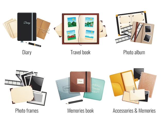 Sei composizioni isolate di memorie libri diari album fotografici libro di viaggio fotogrammi cartoon