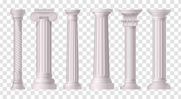 Шесть изолированных и реалистичных старинных значков белых колонн на прозрачной поверхности иллюстрации
