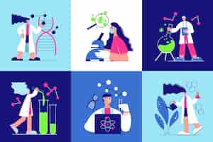 Free vector six isolated square icons with cartoon human characters working in science laboratory