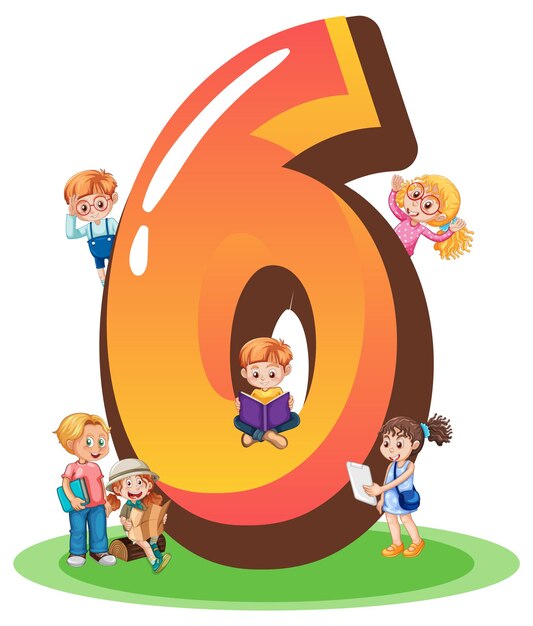 Six kids with number six cartoon