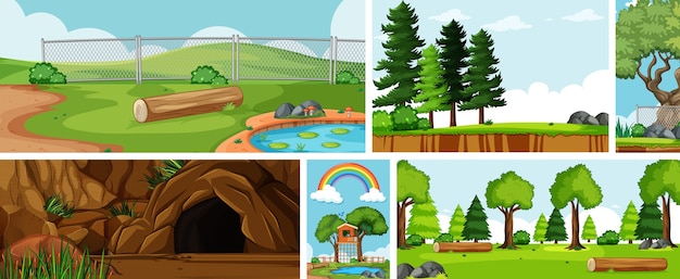 Free vector six nature scenes with different locations