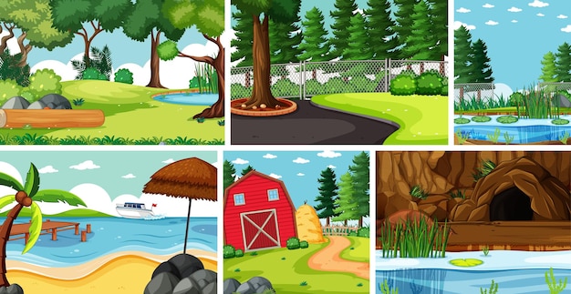 Free vector six nature scenes with different locations