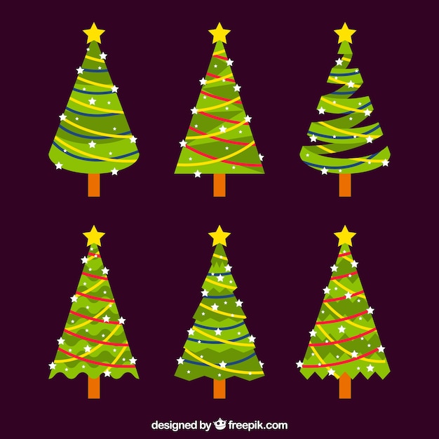 Бесплатное векторное изображение Шесть хороших рождественских деревьев на коричневом фоне