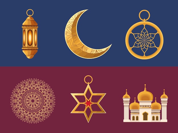 Бесплатное векторное изображение Шесть икон рамадан карим