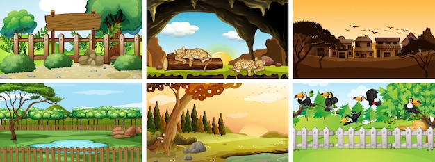 Free vector six scenes with animals in park