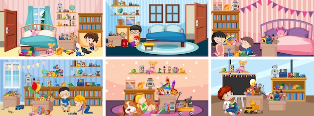 Шесть сцен с детьми, играющими в разных комнатах