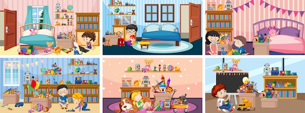 Six scenes with children playing in different rooms