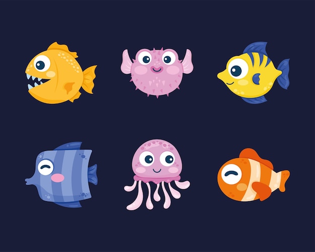 Бесплатное векторное изображение Шесть морских животных устанавливают иконы