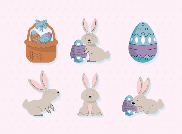 Free vector six spring eggs and rabbits