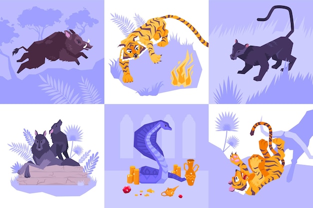 Набор иконок маугли из шести квадратов с разными животными, тигровыми волками, пумой, змеей, иллюстрация