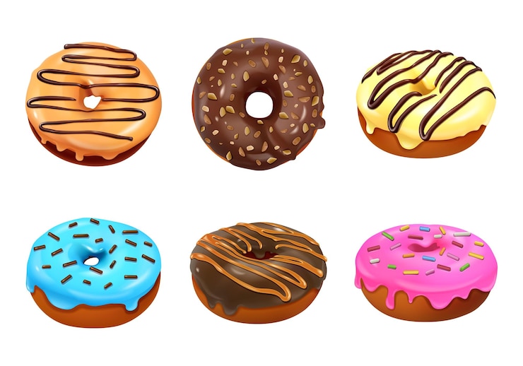 Free Vector six sweet doughnuts covered with multicolored glaze isolated icons on white background realistic vector illustration