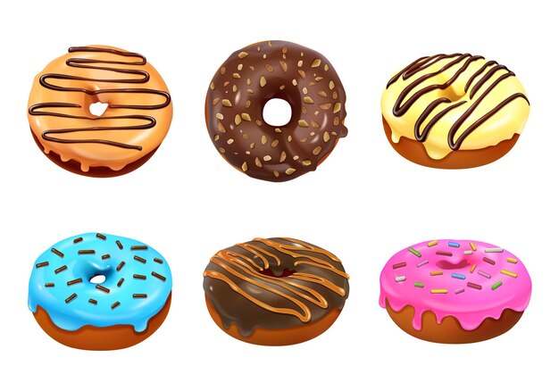 Шесть сладких пончиков, покрытых разноцветной глазурью, изолированные иконки на белом фоне реалистичные векторные иллюстрации