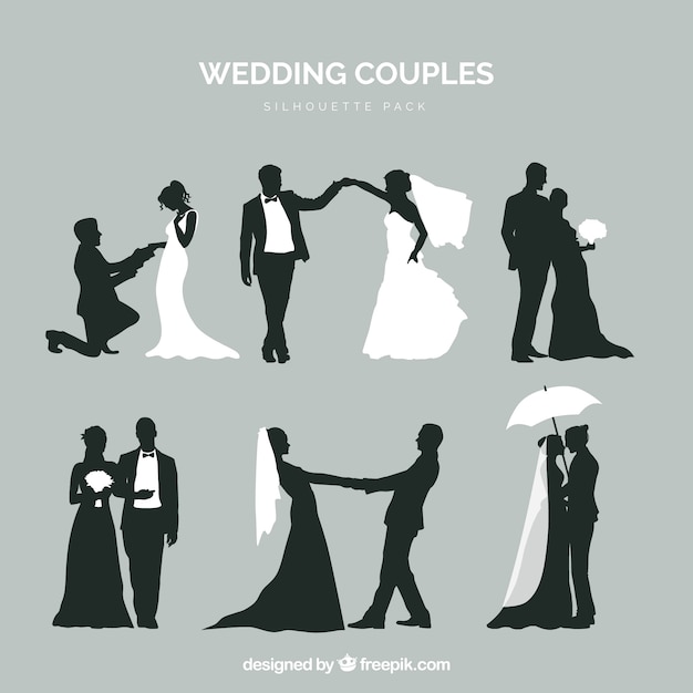 Six wedding couples in silhouette