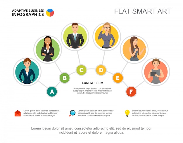 Free vector six workers team process chart template for presentation. business data visualization.