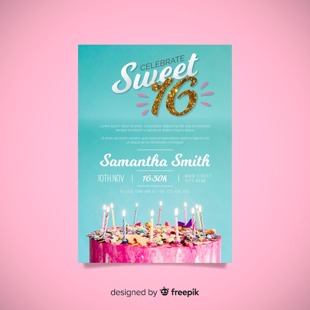 Free vector sixteen birthday glitter number invitation template