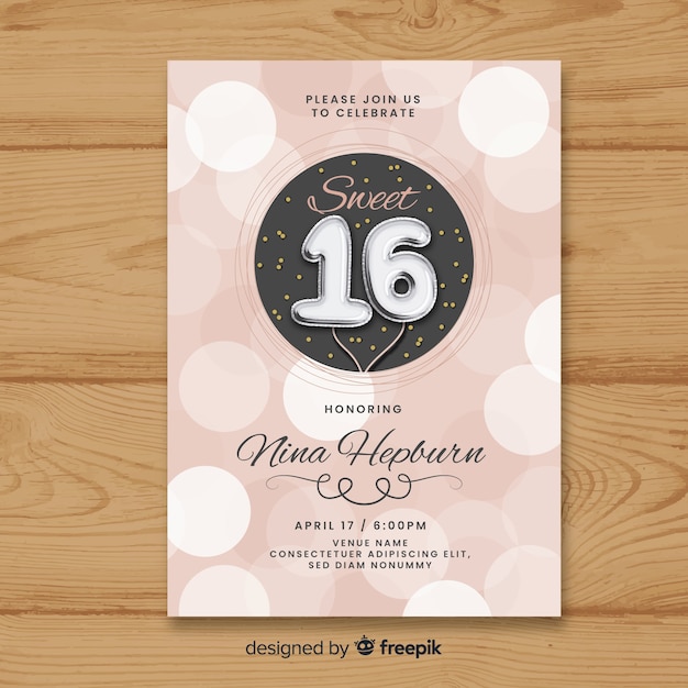 Sixteen birthday silver balloons invitation template