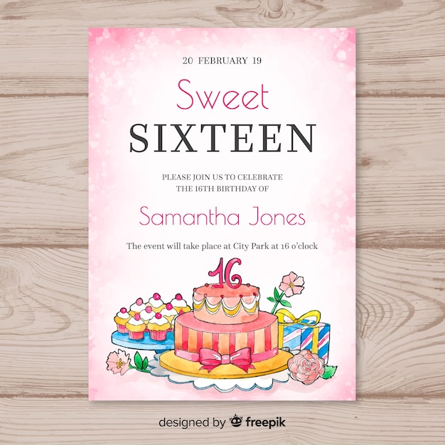 Free vector sixteen birthday watercolor cake template