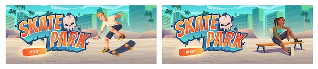 Skate park cartoon landing page with teenager at rollerdrome\
perform skateboard jumping stunts on pipe ramps. extreme sport,\
graffiti, youth urban culture and teen street activity, vector web\
banner