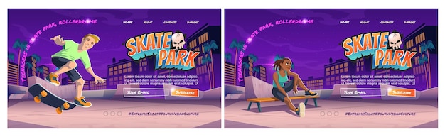 Pagina di destinazione del fumetto di skate park con adolescente al rollerdrome eseguire acrobazie di salto con lo skateboard su rampe di tubi sport estremi graffiti cultura urbana giovanile e attività di strada per adolescenti
