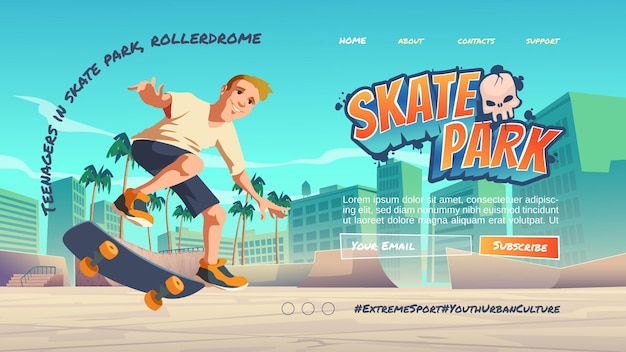 Pagina di destinazione del fumetto di skate park con adolescente