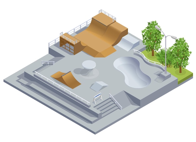 Skate park composition with infrastructure symbols isometric vector illustration