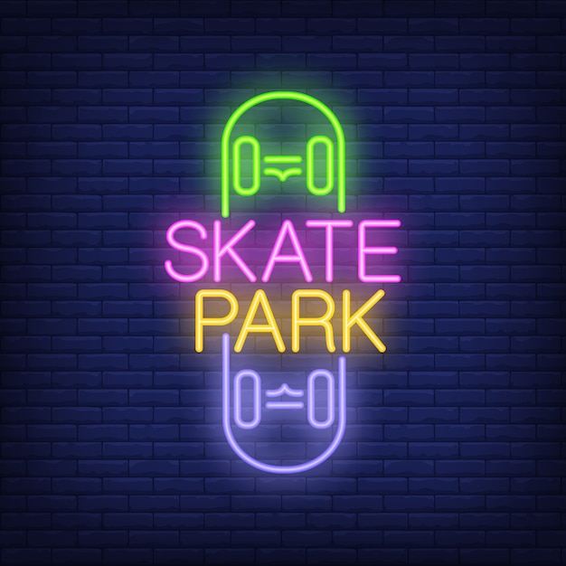 Skate park neon text на логотипе скейтборда. неоновый знак, ночь яркая реклама