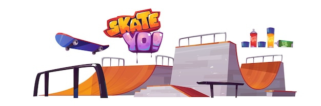 Скейт-парк пандусы, скейтборд и граффити буквы, изолированные на белом фоне. Векторный мультфильм набор стадиона с дорожкой для роликовой доски. Площадка для занятий экстремальным спортом