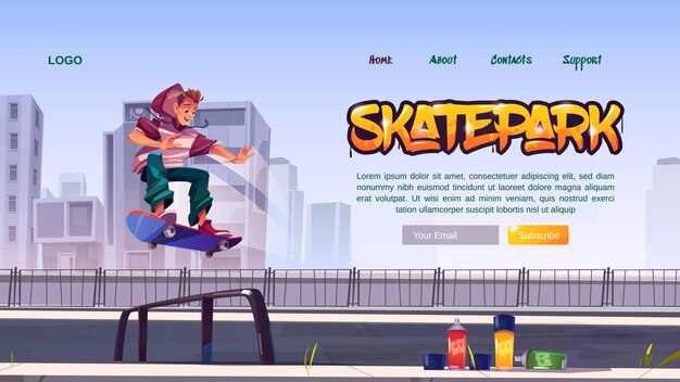 Vettore gratuito sito web di skate park con ragazzo che cavalca lo skateboard su rollerdrome