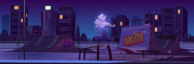 Skate park with boy ghost riding on skateboard at night. cartoon cityscape with ramps and graffiti on walls.
