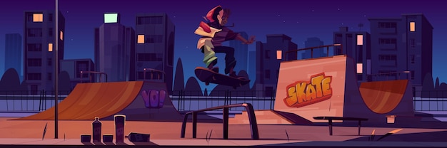 Vettore gratuito skate park con ragazzo che cavalca lo skateboard di notte. paesaggio urbano di cartone animato con rampe, graffiti sui muri e adolescente salta in pista. parco giochi per attività sportive estreme illuminato da lampione