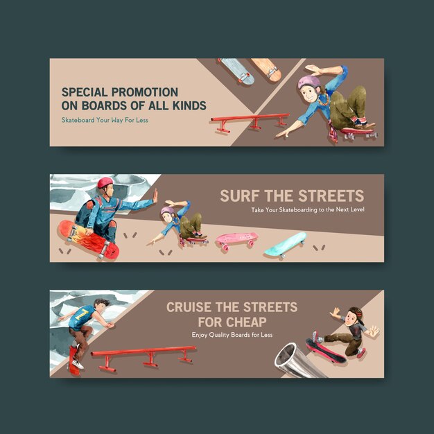 Skateboard design concept banner acquerello illustrazione vettoriale.