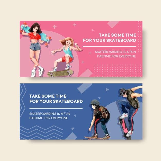 skateboard design concept banner watercolor vector illustration.