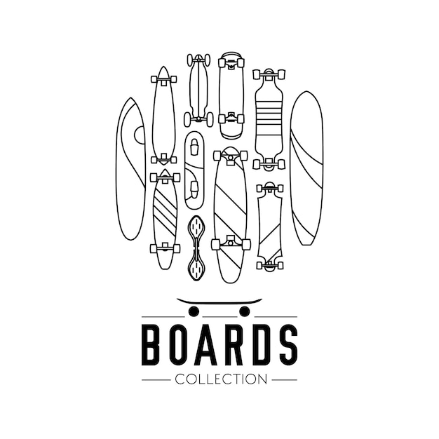 Skateboard and skateboarding collection background with skateboards located on a circle
