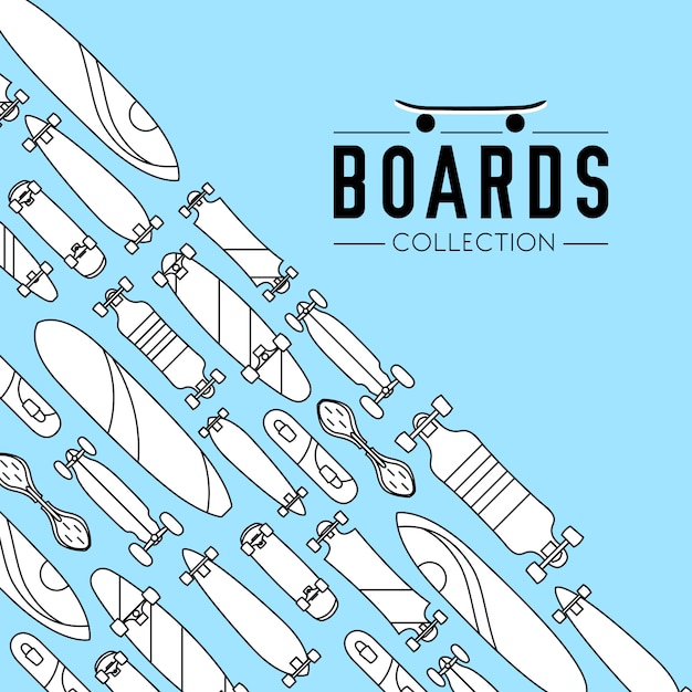 Skateboard and skateboarding collection background with skateboards