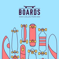 Skateboard and skateboarding collection background with skateboards