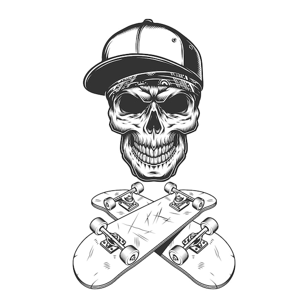 Free vector skateboarder skull in baseball cap and bandana