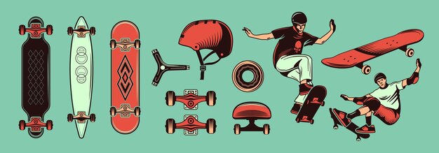 Skateboarding color hand drawn set with teens riding skateboard and different kinds of sport equipment isolated vector illustration