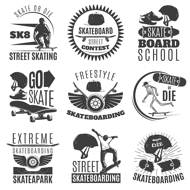 Vettore gratuito l'emblema o l'insieme di etichetta skateboarding con le descrizioni di pattina o muore l'illustrazione di vettore di skateboarding di stile libero di concorso della via del pattino