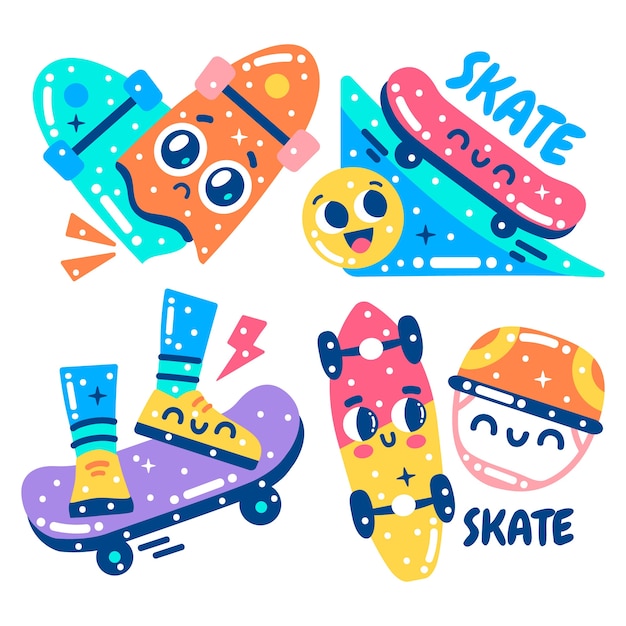 Бесплатное векторное изображение Коллекция блестящих наклеек на скейтборде